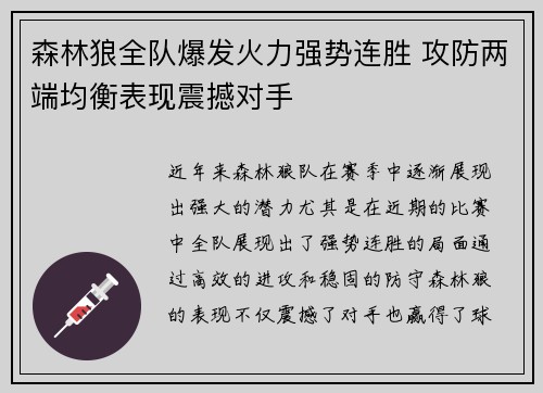森林狼全队爆发火力强势连胜 攻防两端均衡表现震撼对手