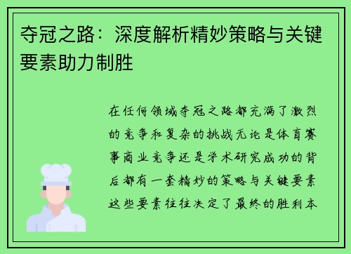 夺冠之路：深度解析精妙策略与关键要素助力制胜