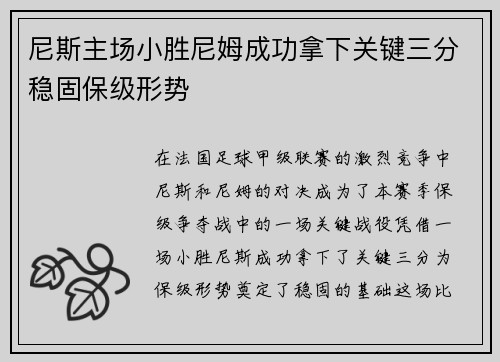 尼斯主场小胜尼姆成功拿下关键三分稳固保级形势