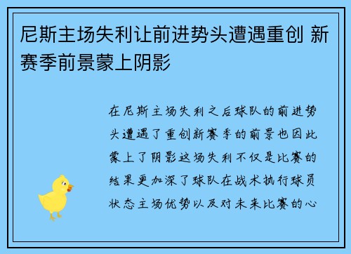 尼斯主场失利让前进势头遭遇重创 新赛季前景蒙上阴影