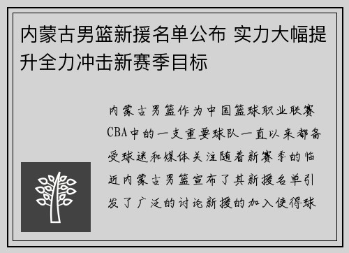 内蒙古男篮新援名单公布 实力大幅提升全力冲击新赛季目标