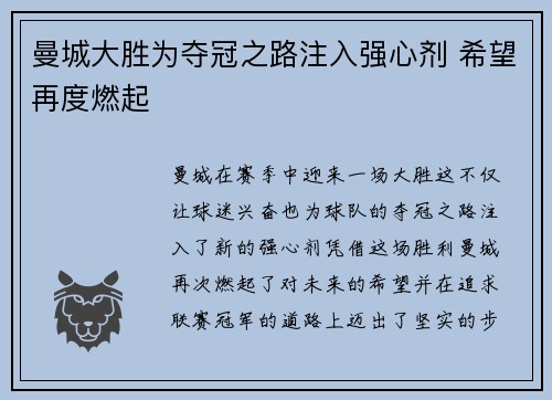 曼城大胜为夺冠之路注入强心剂 希望再度燃起
