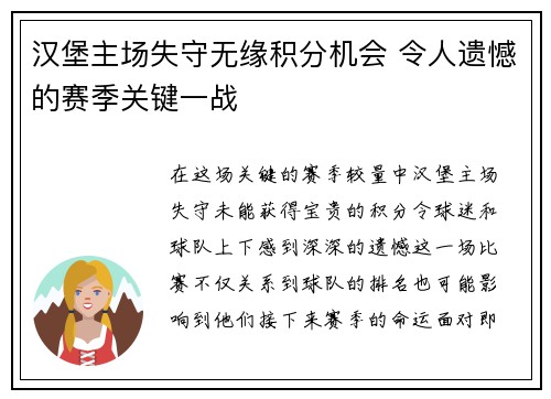 汉堡主场失守无缘积分机会 令人遗憾的赛季关键一战