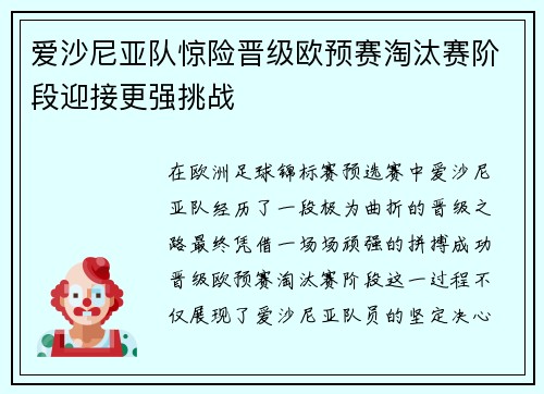 爱沙尼亚队惊险晋级欧预赛淘汰赛阶段迎接更强挑战