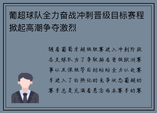 葡超球队全力奋战冲刺晋级目标赛程掀起高潮争夺激烈