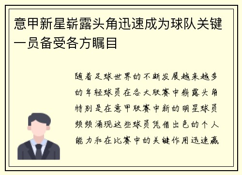 意甲新星崭露头角迅速成为球队关键一员备受各方瞩目