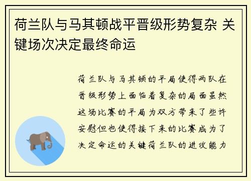 荷兰队与马其顿战平晋级形势复杂 关键场次决定最终命运