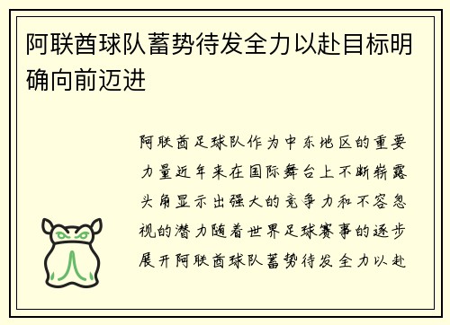 阿联酋球队蓄势待发全力以赴目标明确向前迈进