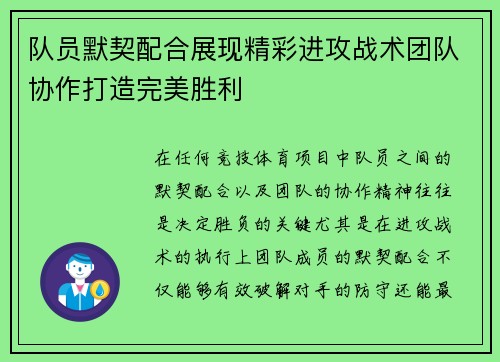 队员默契配合展现精彩进攻战术团队协作打造完美胜利